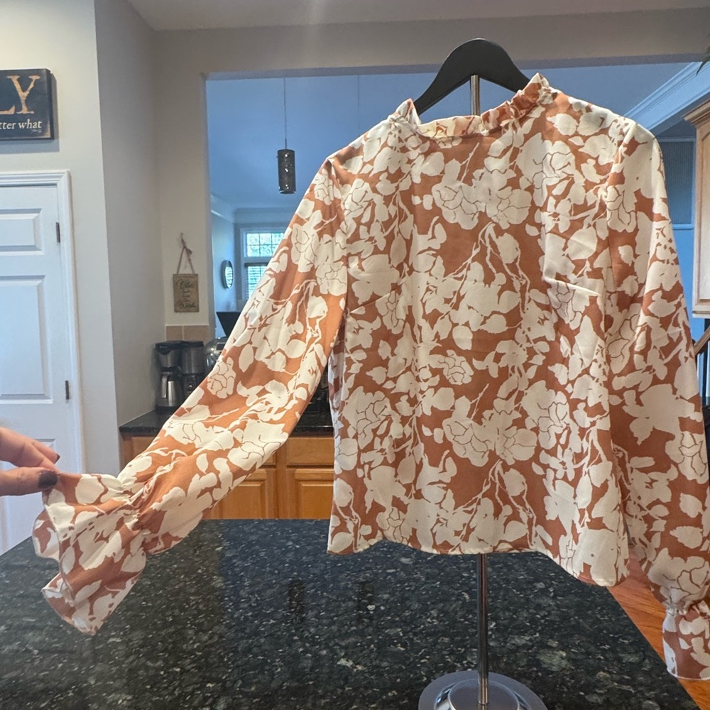 SHEIN White and Brown Floral Blouse